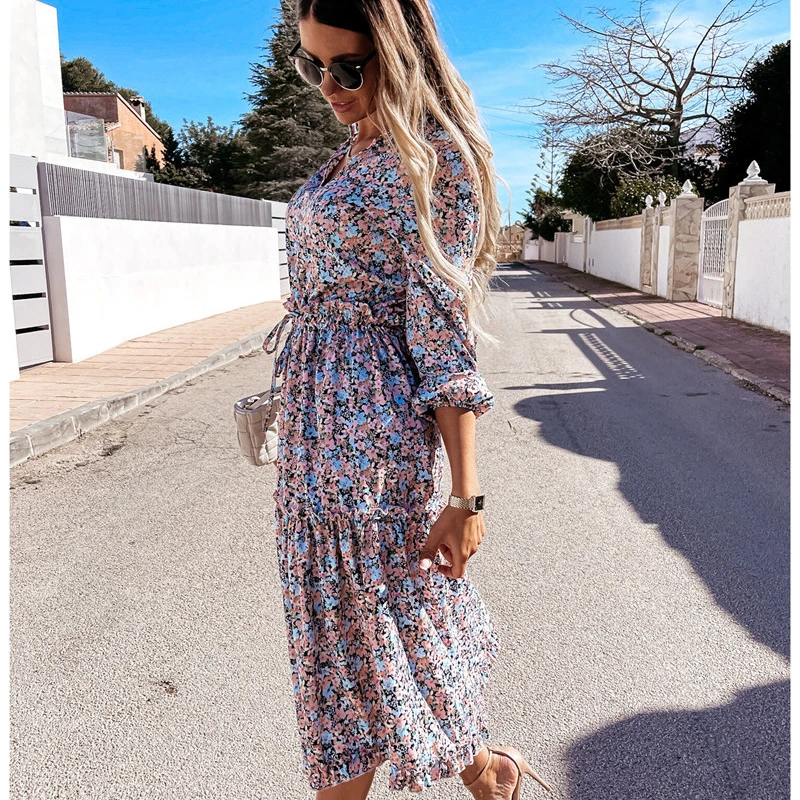 

Women Summer Dress Floral Print Vintage Maxi Dresses 2021 Long Sleeve High Waist Ruffles Casual Party Dress Vestidos Robe Femme
