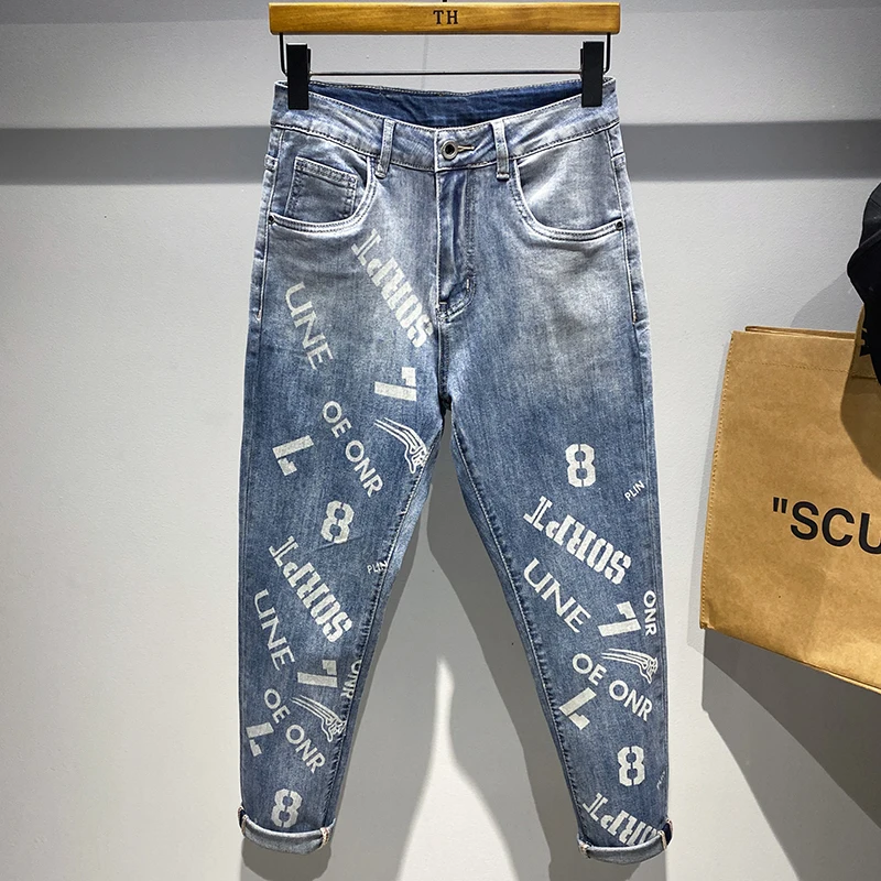 Мужские облегающие джинсы синие эластичные бриджи в стиле High Street модные