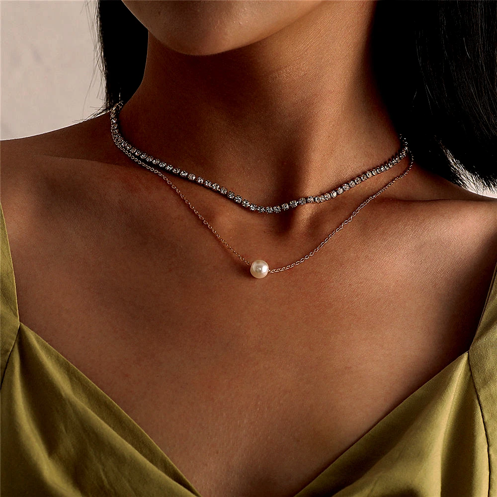 

Vintage Pearl Pendant Choker Necklaces For Women Simple Clavicle Crystal Chain Necklace Trend Party Jewelry Neck Gift 2021 New