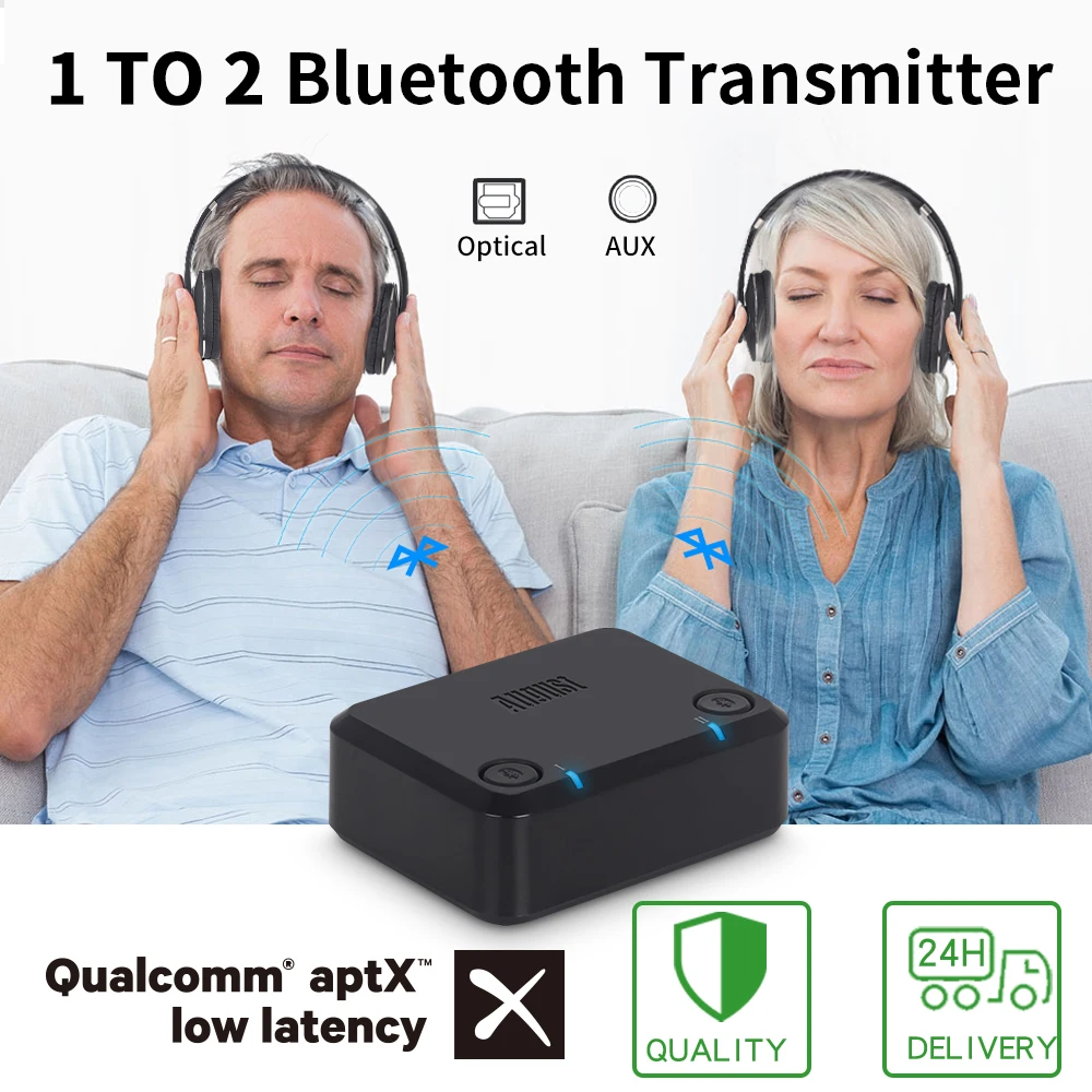 Оптический Bluetooth-передатчик aptX с низкой задержкой для ТВ, беспроводной адаптер 1 в 2 для двойных наушников или динамиков, ТВ, AUX
