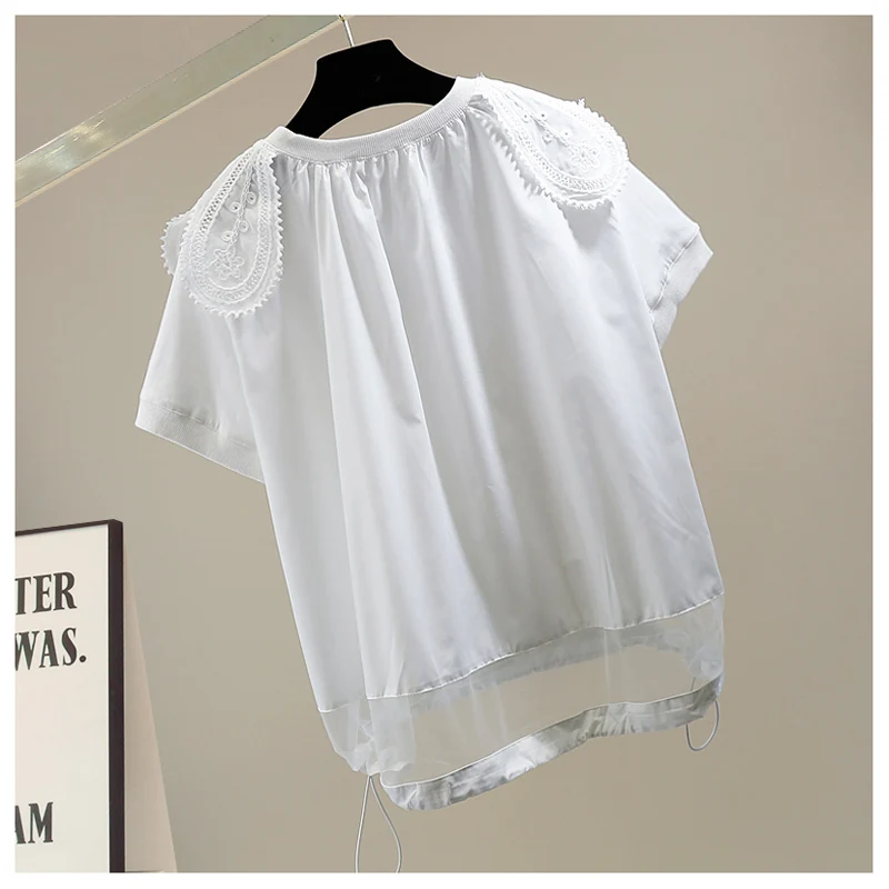 

2021 Summer New Drawstring Round Neck Short-Sleeved T-shirt Female Fashion Vintage Embroidered Lace Stitching Tees Ladies