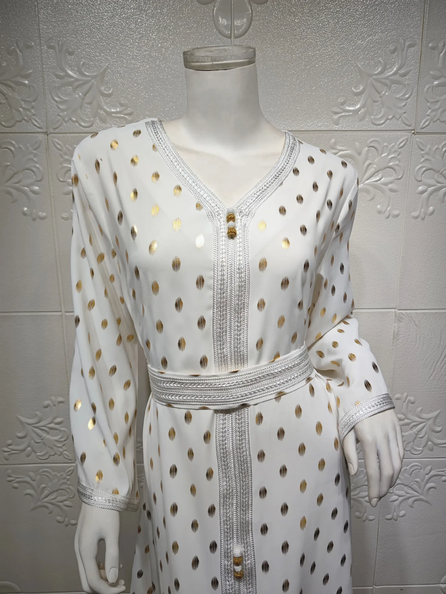 

Two Pieces Belt Dress Set For Women Muslim Ramadan Eid Jalabiya White Dot Bronzing Dubai Arabic Kaftan Maxi Dresses Clothing