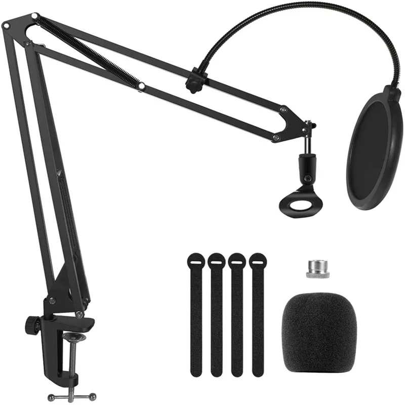

Microphone Arm Stand, Upgraded Heavy Mic Arm Microphone Stand Boom Suspension Stand with Filter 3/8" to 5/8" Adapter Mic Cli