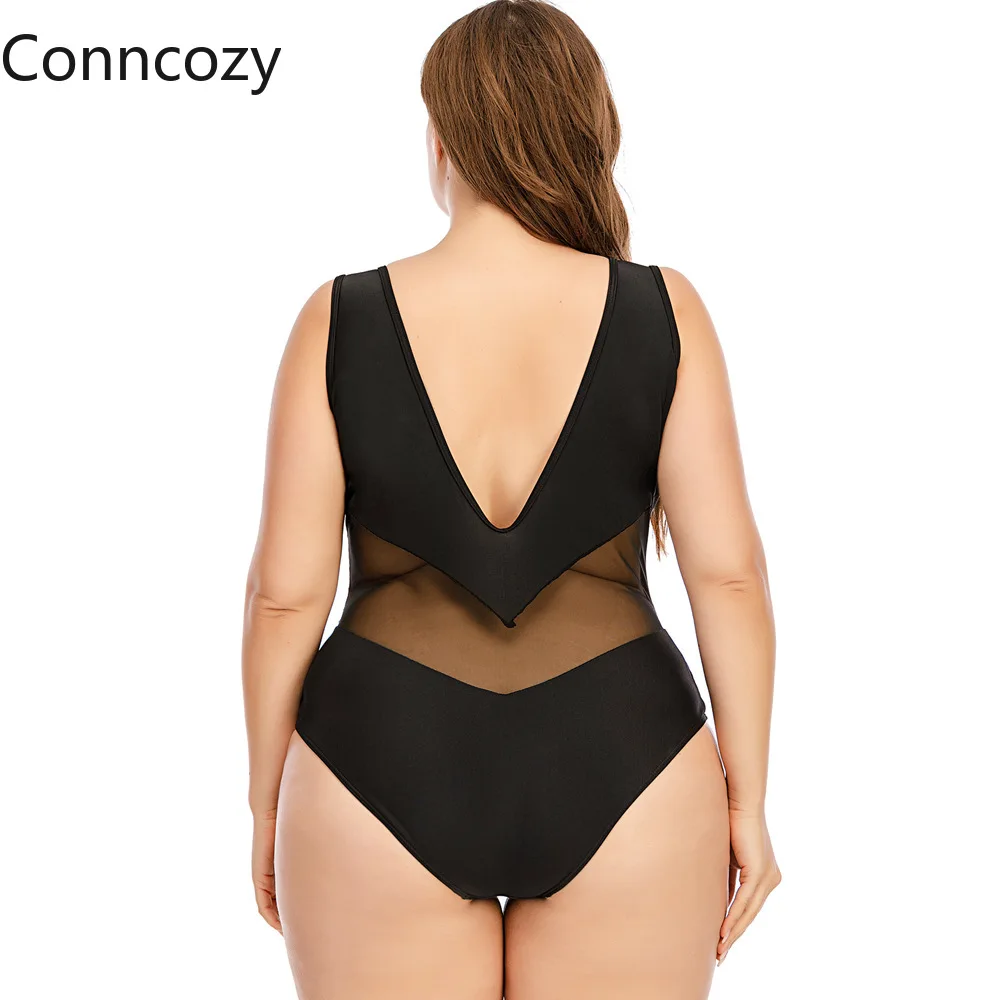 

2021 Bikini Sexy Deep V Mesh Stitching Contrast Color One-piece Large Size Swimsuit Women Swimming Suit Bathing Suit Plus Size