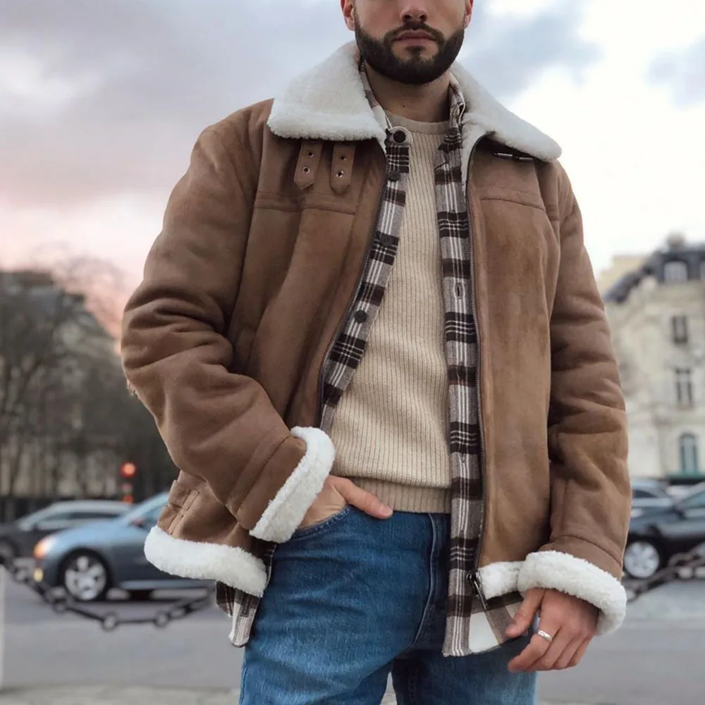 

Куртка мужская шерстяная оверсайз, пэчворк, на молнии, с отложным воротником, модная повседневная одежда, свободная верхняя одежда, большие ...