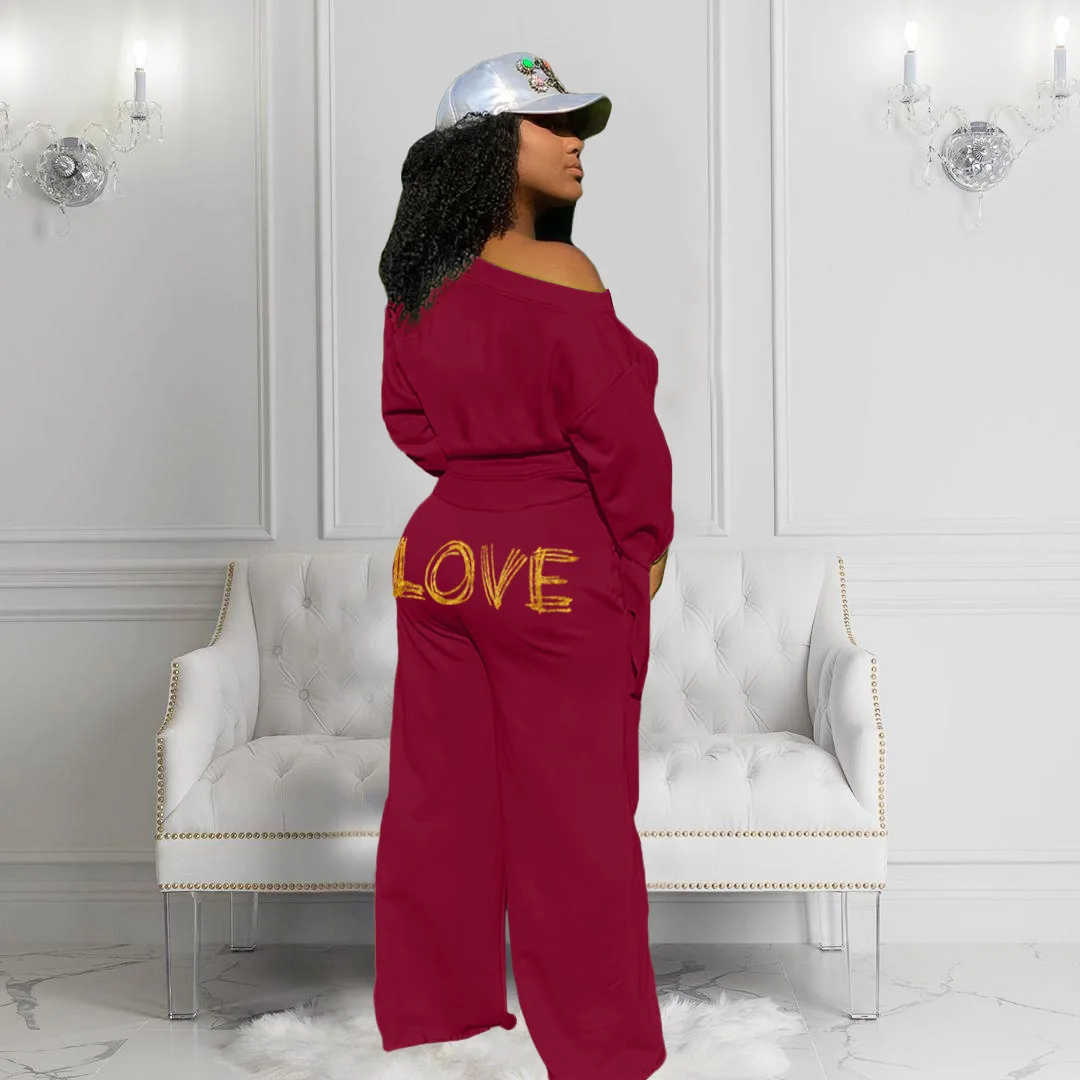 

53ZH5273 Autumn Winter Women Casual Fashion Strapless Lips Print Bandage Cuff Sport Two Piece Set Tracksuit Sweatsuit Outfits