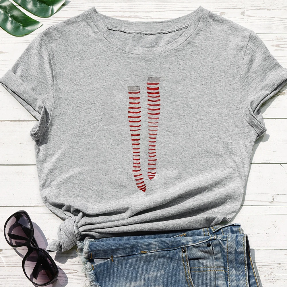 

Summer Casual Modern Girl T-shirt Women Pretty Long Sock Printing Top Tee Exquisite Durable Cheap O-neck White Grey Tshirt