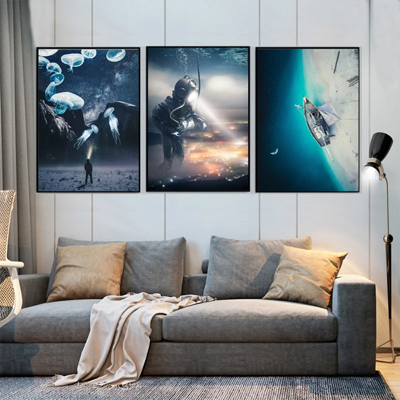 Дайвер Медузы Вселенная океан скандинавские постеры и принты творчество