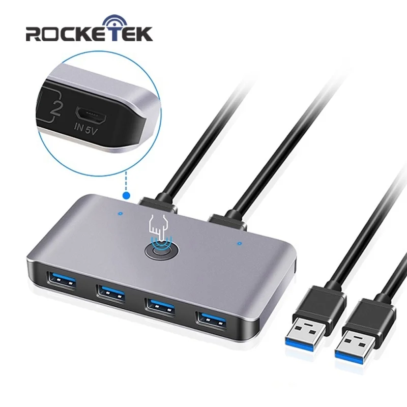 Rocketek USB KVM Switch Box USB 3.0 2.0 Switcher 2 Port PCs Sharing 4 Devices for Keyboard Mouse Printer Monitor with 2 Cables