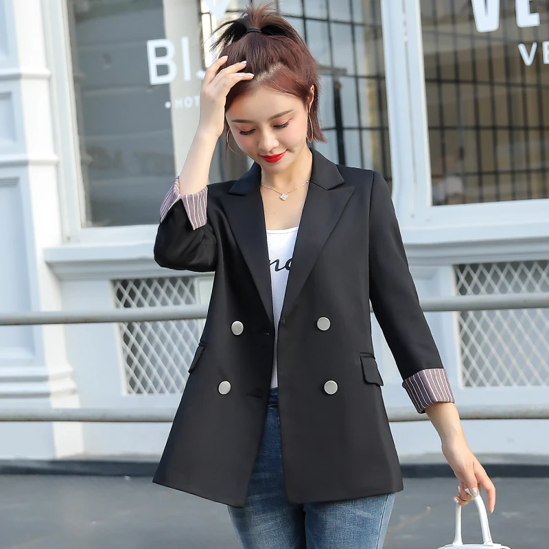 Средняя длина шикарный черный повседневный двубортный женский джокер большой