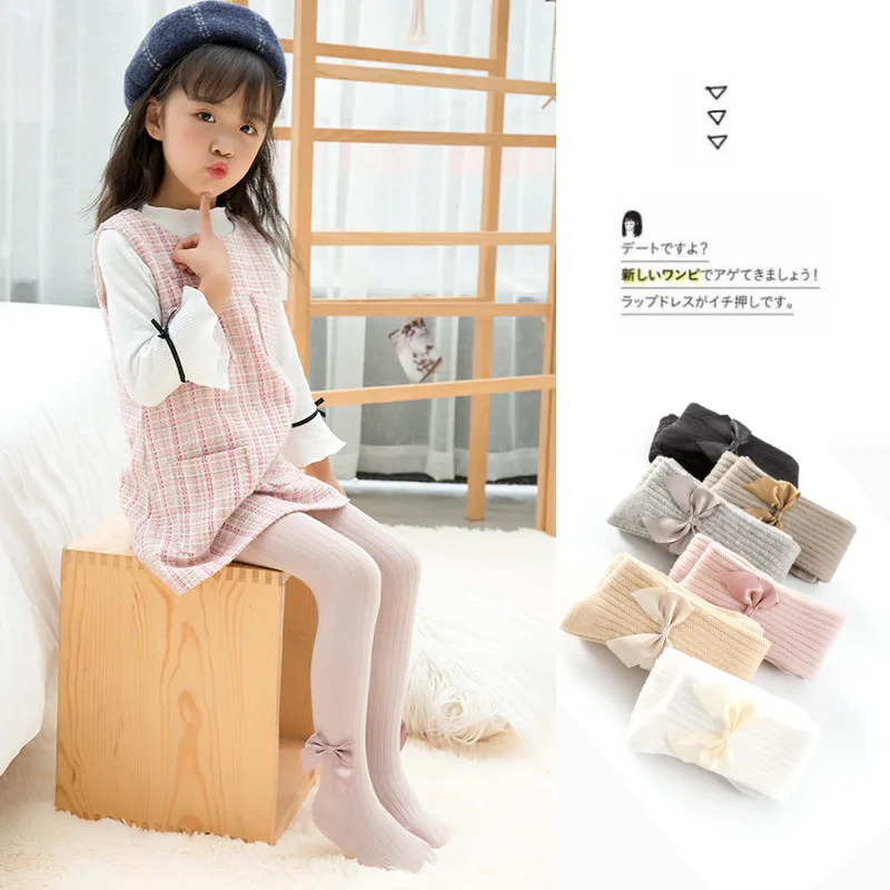 

New Hanfan cotton knitted bow vertical strip tights girls 5-8 years old children's Socks 3 bottoming socks