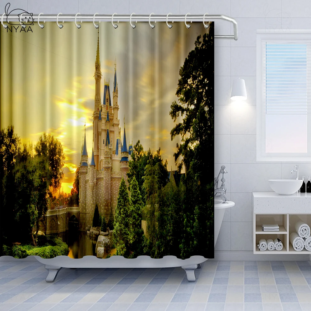 

Colorful Castle Shower Curtain Dream Castle Decor Spring Flower Girls Forest Princess Lake Fairy Tale World Kid'S Bath Curtain