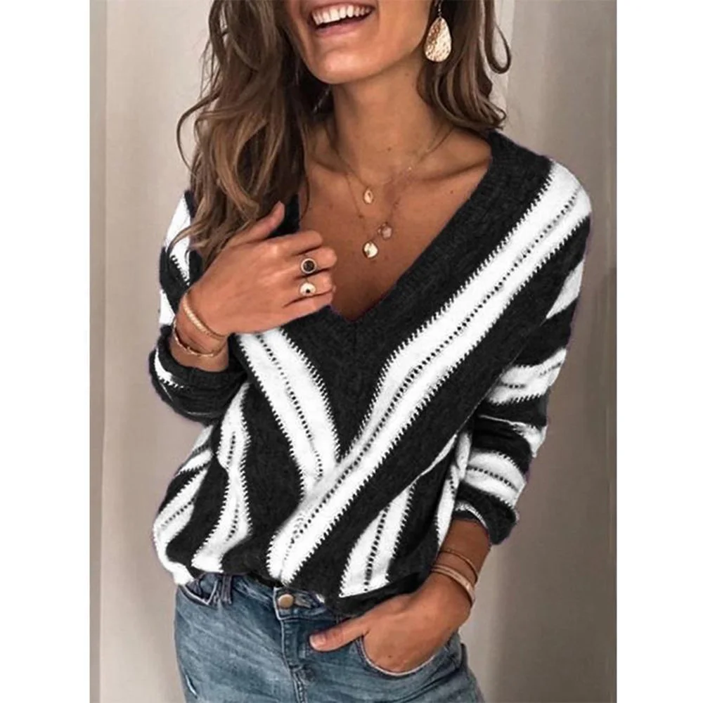 Wipalo Plus Size 5XL 2019 Autumn Winter Women Sweater V Neck Long Sleeve Striped Pullover Korean Style Minimalist Casual | Женская