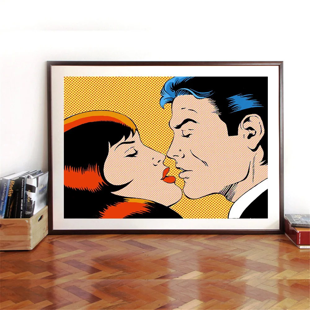 

Fashion Girl Kiss Love Artwork Art Prints Exhibition Vintage Canvas Poster Abstract Painting Wall Pictures for Living Room