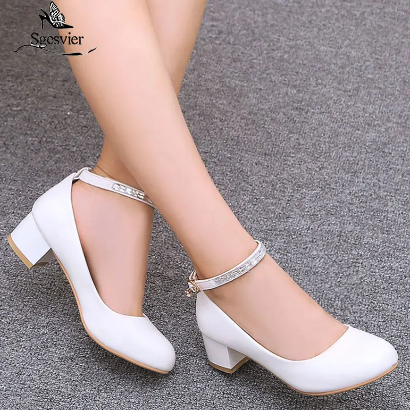 

Sgesvier Size 32-43 Office Lady Med Heel Shoes Women Ankel Strap Round Toe Thick Heels Buckle Pumps Party Female Footwears B996