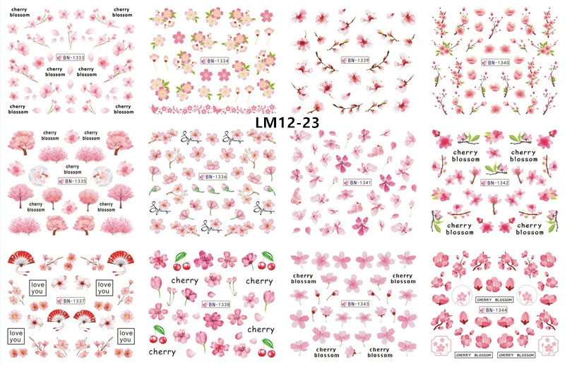 LM12-23 12 Designs Watermark Nail Art Decoration Water Decals Flower Flamingo Bird Rose Sticker Manicure Sliders Adhesive Tip BN913-924 - Color: LM12-23