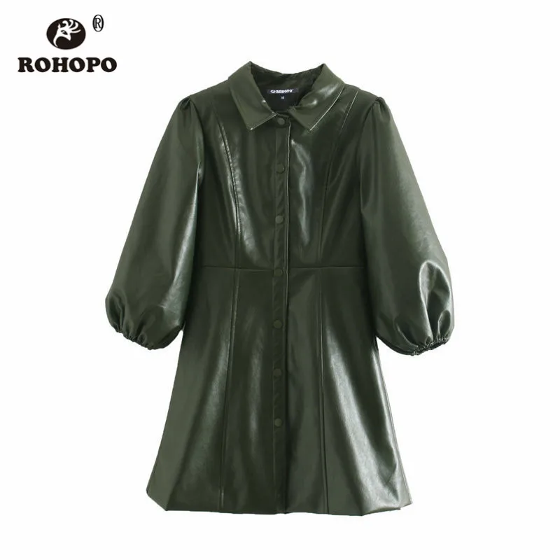 ROHOPO Пышное мини-платье из искусственной кожи с коротким рукавом зеленого цвета