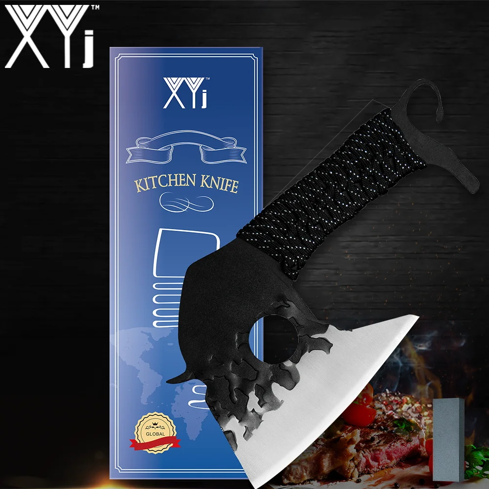

XYj 5'' INCH Knife Kitchen Axe Knife High-Carbon Hiking BBQ Cleaver Chopping Knife Rope Tied Handle Outdoor Survival Tool