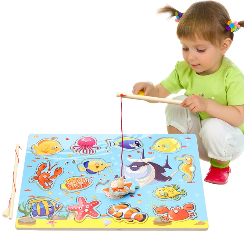 

Детские магнитные игрушки для рыбалки деревянные двойной стержень Пазлы Рыбалка обучающих игрушек для детей Рыба игры головоломки весело ...