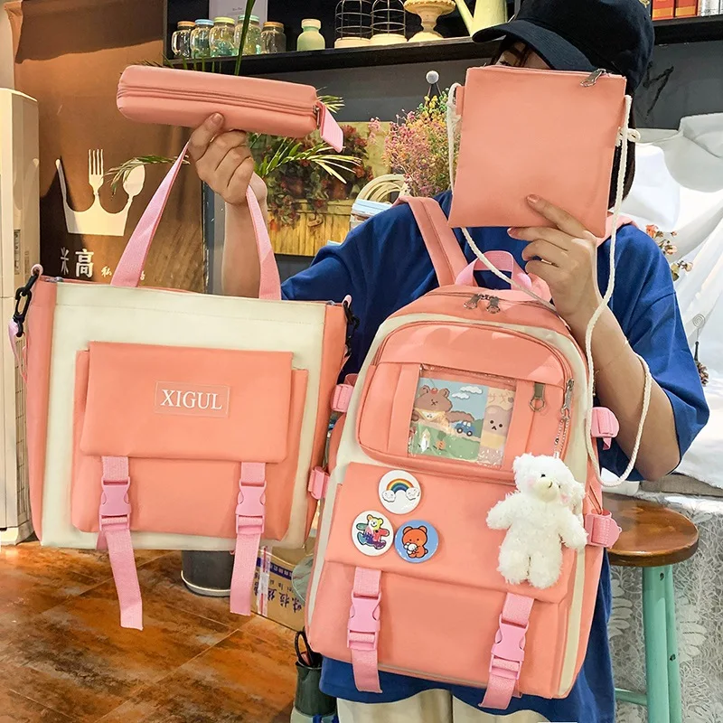 

4 Pcs Sets Canvas Schoolbags For Teenage Girls Women Backpack Canvas Middle School Bookbag mini backpack women