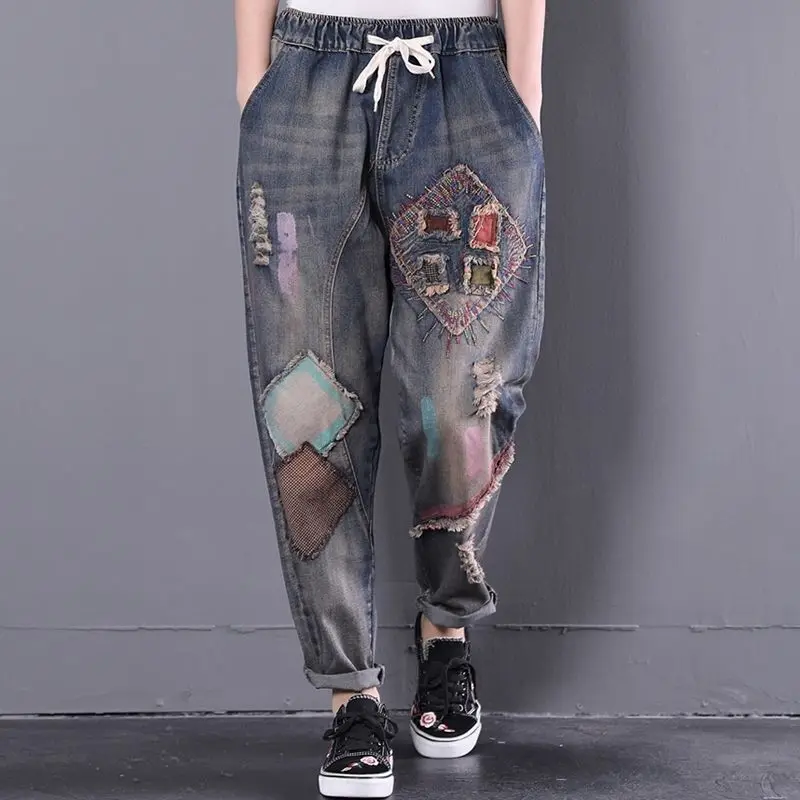 Ripped Jeans for Women Elastic Waist Fall Vintage Embroidered Jeans Women Loose Artistic Patchwork Spliced Vintage Harem Pants