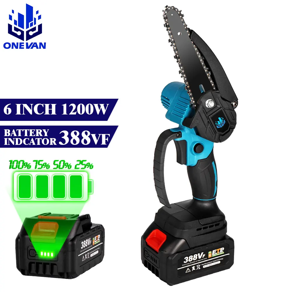 

6 Inch Mini Electric Chain Saw 1200W With Battery Indicator 128VF/388VF Rechargeable Woodworking Tool For Makita 18V Battery