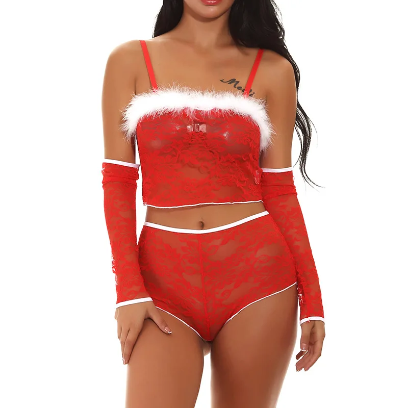 

Рождественский сексуальный комплект нижнего белья, кружевные рукава, облегающие трусики, комплект женского нижнего белья из трех предмето...