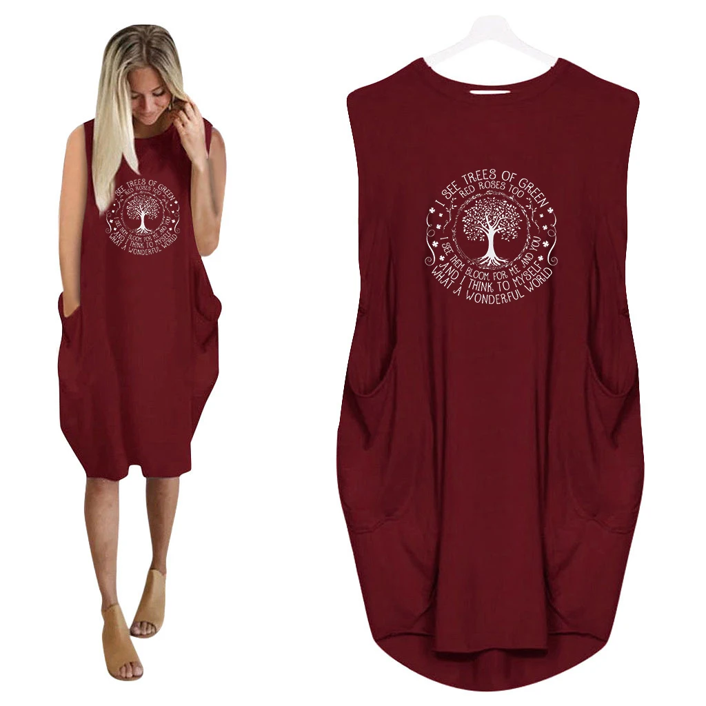 

2021 New Casual Round Neck And Knee Skirt, Hot Fashion Print Pocket Temperament Dress Big Size S-5xl