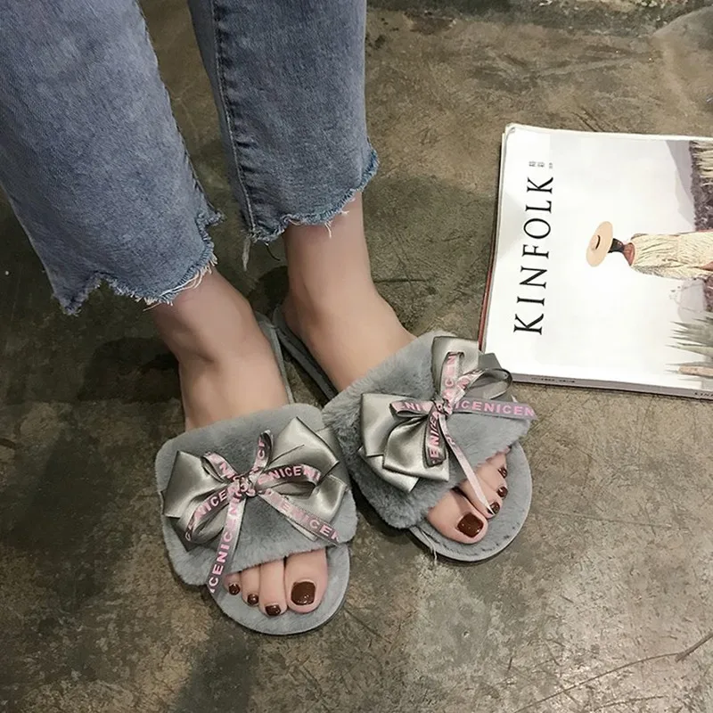 Ladies Plush Home Slippers 2022 Winter Fashion New Style Artificial Fur Warm Shoes Flat-Bottom Comfortable Cute Slippers Lady