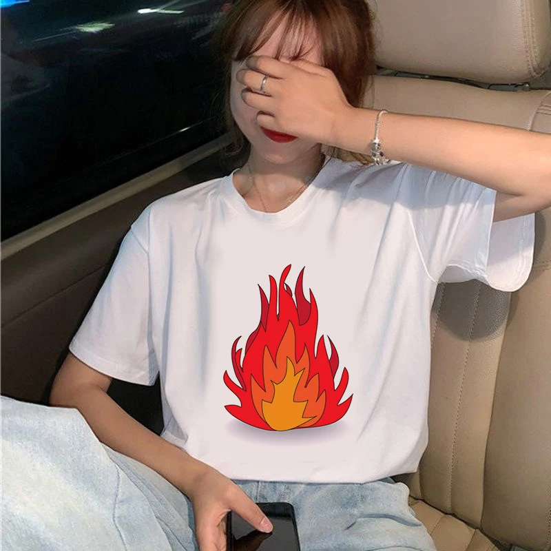 

Female Tops flame Print T shirt Women Fashion Tshirt O neck Short Sleeve Harajuku T shirt White Tops