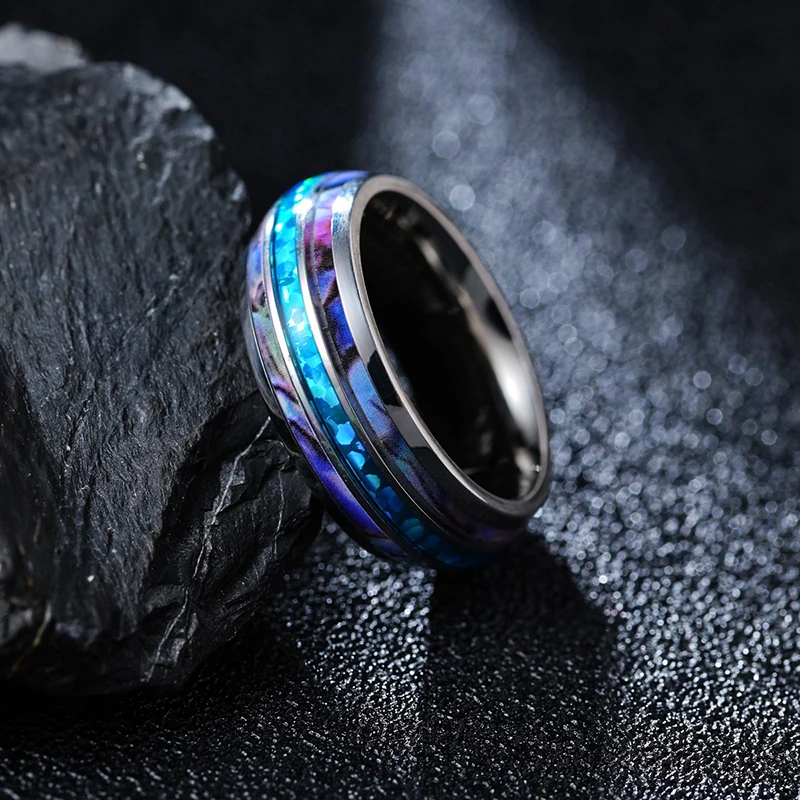 

NANDESI 8MM Wide Polished Abalone Shell Tungsten Carbide Rings Dome Triple Grooved Opal Inoxydable Ring Never Fade