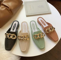 women casual shoes fashion chain mules square head sandals female solid color leather slippers slide high quality flat shoes