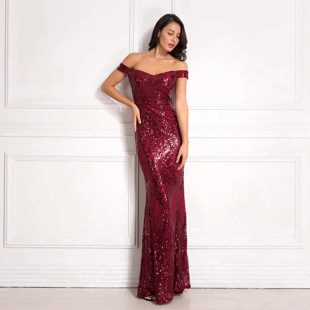 Бордовое Макси платье с блестками открытыми плечами и открытой спиной