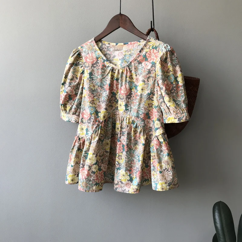 

Vintage Print Loose Casual Shirts Folds O-neck Patchwork Women Blouses 2021 Summer Sweet Puff Short Sleeve Pullover Blusas