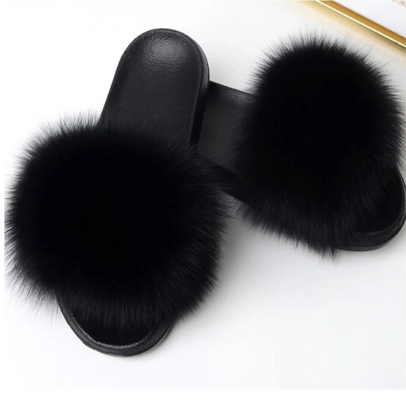 

Women's Winter Real Fox Fur Slippers Cute Fluffy Furry Sandals Woman fur Slides Female Plush Flip Flops Indoor Warm Home Shoes