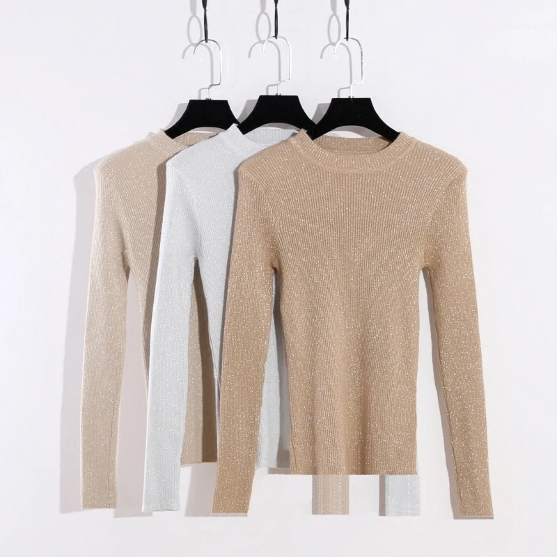 Акция свитера с люрексом растягивающиеся пуловеры круглым вырезом длинными