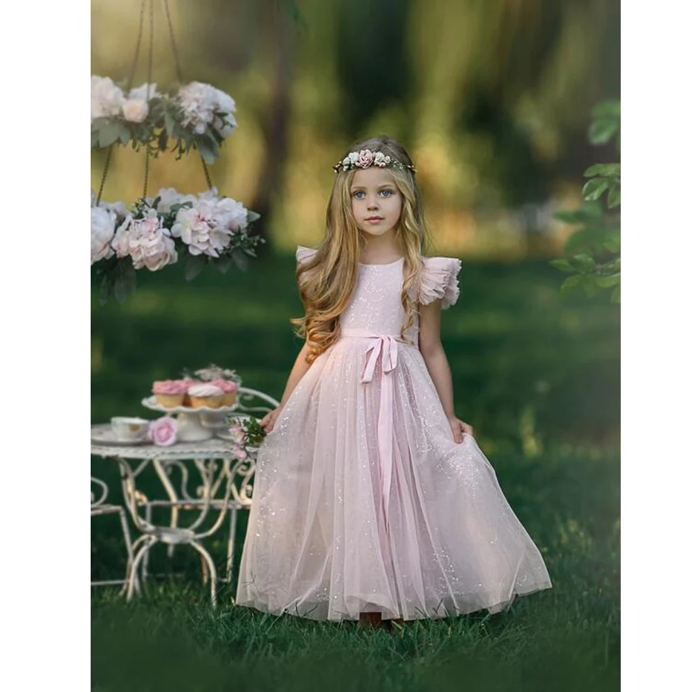 

2021 Cute Pink Flower Girl Dresses Lace Sequins A Line Lace First Communion Dress Jewel Neck Prom Gowns Party Wear