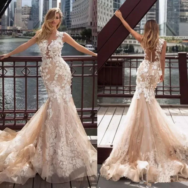 2020 шампанское Румяна Русалочки Свадебные платья Прозрачная Кружевная
