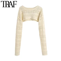 traf women fashion hollow out arm warmers cropped knitted sweater vintage o neck long sleeve female pullovers chic tops