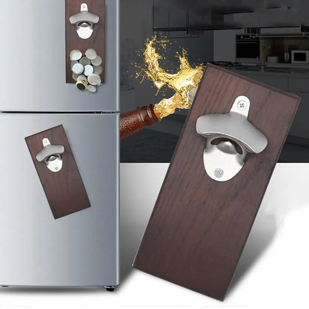 

Wall Mounted Bottle Opener with Magnetic Cap Catcher with Refrigerator Wooden Wood Mount Decor Magnets Z2V5