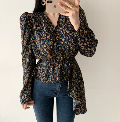 Женские блузки с цветочным принтом в Корейском стиле асимметричные туники