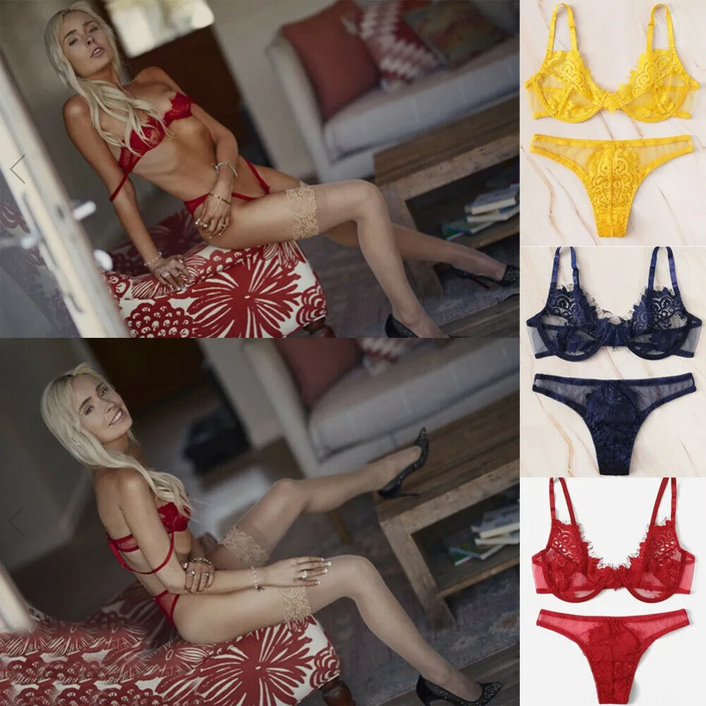

Women Lace Bra And Panty Sets Sexy Lingerie Nightwear Babydoll G-string Underwear Lace Push Up Bra Set Sleepwear *
