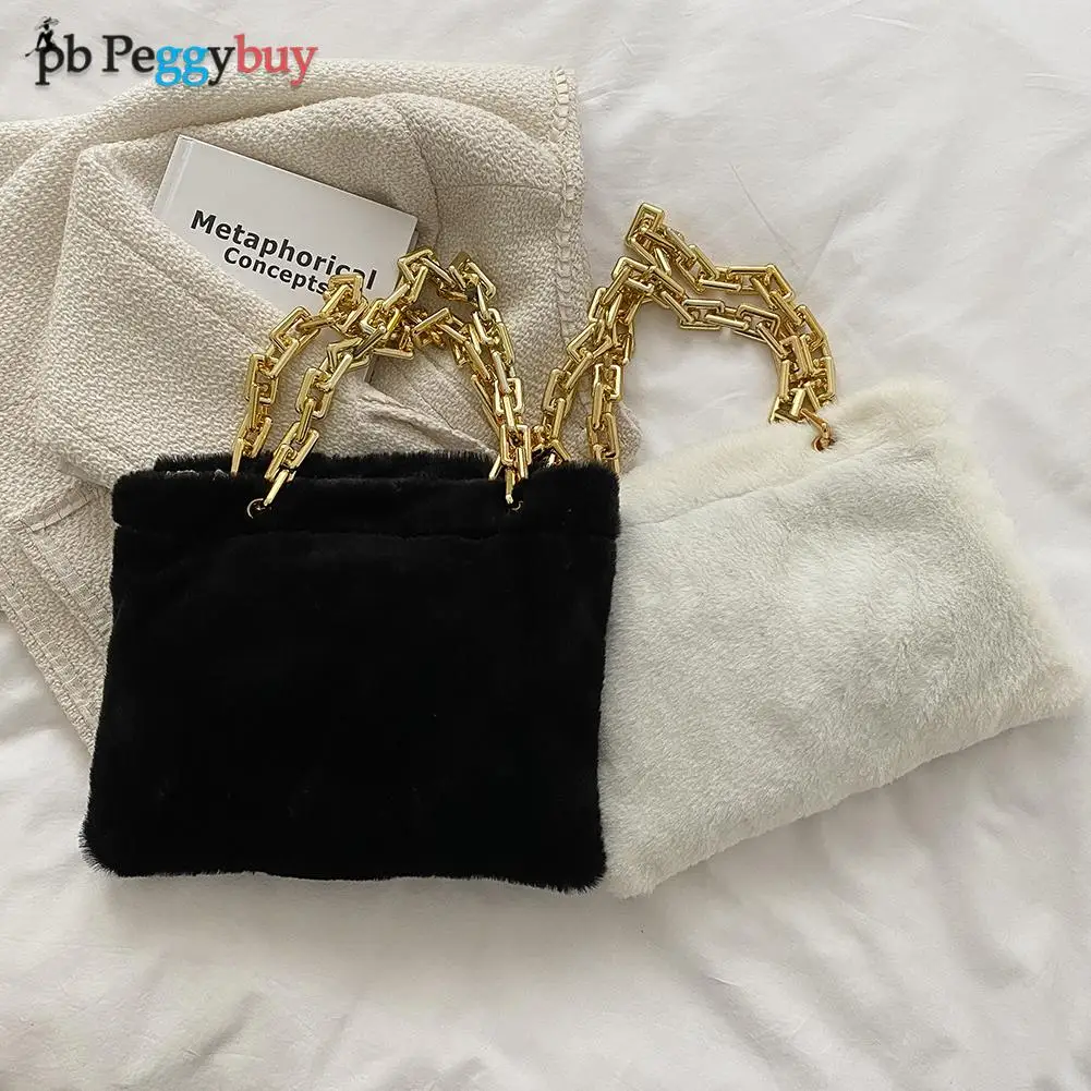 

Vintage Women Shoulder Bags Casual Plush Pure Solid Color Handbag Autumn Winter Thick Chain Underarm Bags Small Purse Handbags