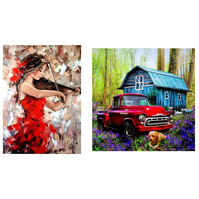 

2 Set Diamond Painting Diamond Kit Rhinestone Picture Art Craft Home Door Decoration, Violin Girl & Car