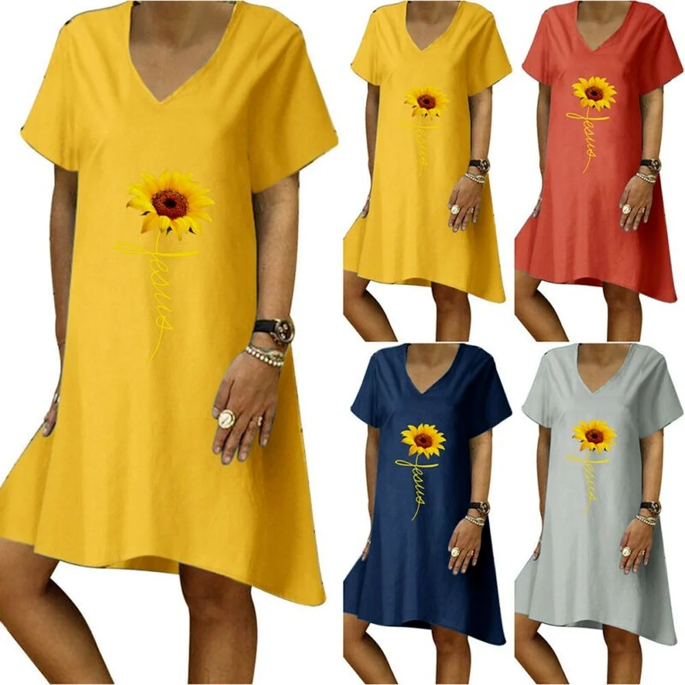 

Women V-Neck Short Sleeve Sunflower Print Shirt Dress Ladies Summer Sun Dresses