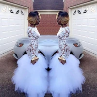 white prom dresses mermaid long sleeves tulle appliques lace ruffles long prom gown evening dresses robe de soiree