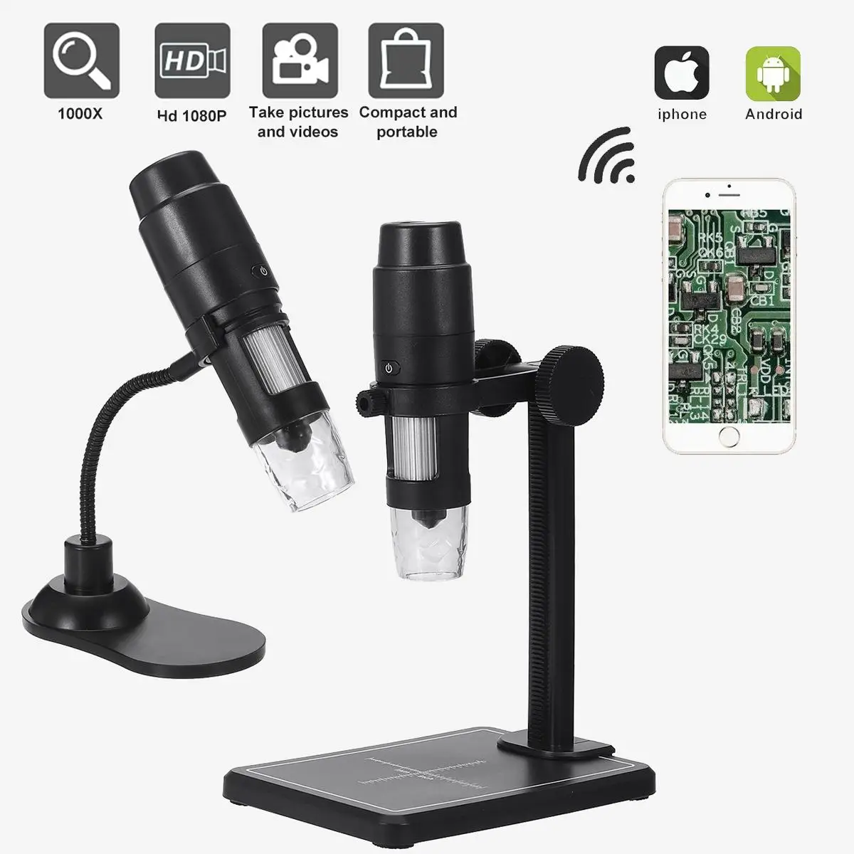 

1000X Wifi Electronic Handheld Portable Digital USB Interface Electron Stereo Microscopes 8 LED Bracket For Android IOS PC