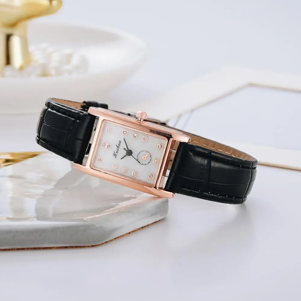 Часы женские кварцевые с квадратным циферблатом под розовое золото кожаным