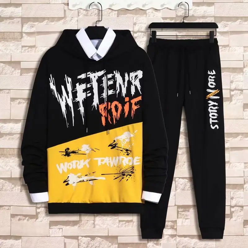 

Fashion Men's Set Korean Style Autumn Winter Elastic Waist Trousers+Long Sleeve Pullover Sweatshirt Set Casual Men Clothing Set