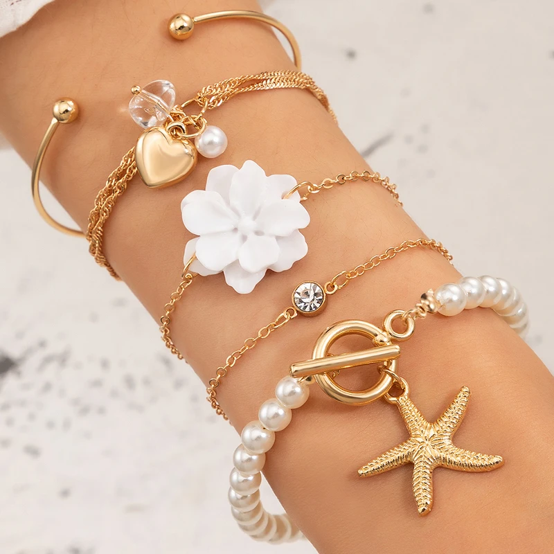 

Браслеты женские летние с жемчугом, цветами и морской звездой, 5 шт./компл., блестящий хрустальный камень, 16464
